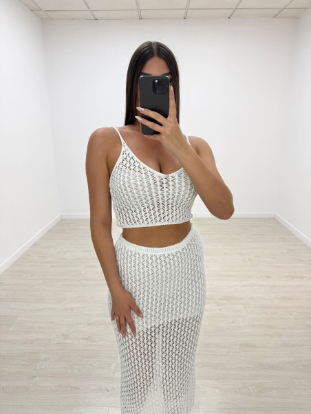 CONJUNTO CROCHET FALDA+TOP BLANCO